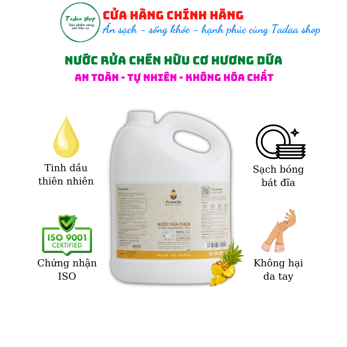 Nước rửa chén hữu cơ hương dứa Fuwa3e an toàn cho da trẻ em can tiết kiệm 3,8L