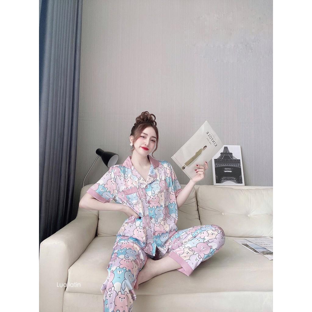 Bộ Pijama Mặc Nhà Nữ Lụa Cao Cấp Kiểu Tay Cộc Quần Dài Họa Tiết Sang Chảnh Dễ Thương