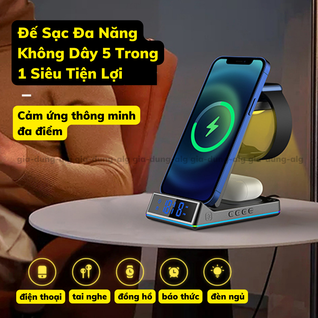 Đế Sạc Không Dây 15W 5 in 1 dành cho 1phone Android - Đế sạc nhanh không dây kiêm đồng hồ báo thức và đèn ngủ