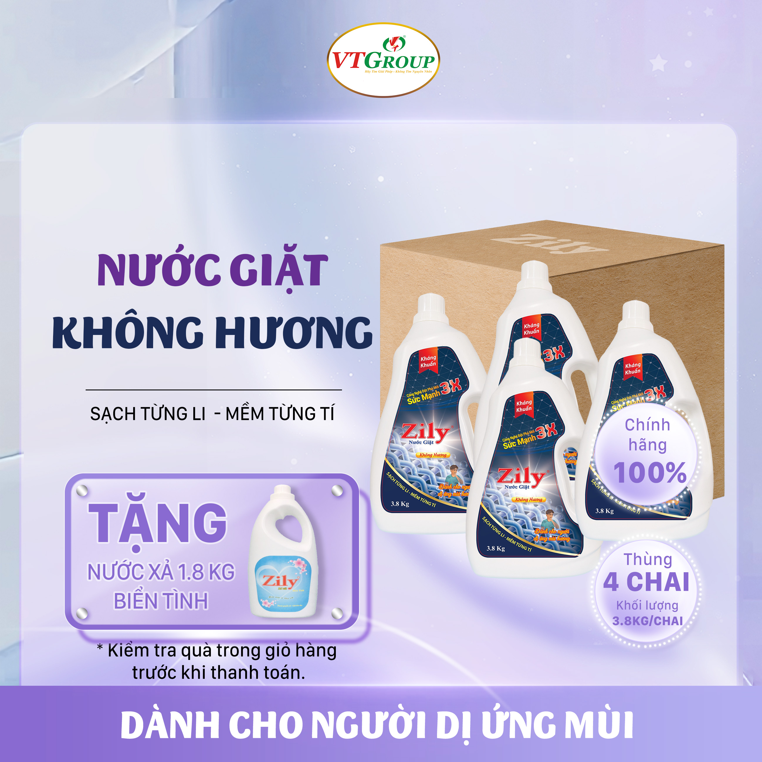 Nước Giặt Zily Không Hương 3.8 Kg - Tặng xả vải 1.8kg biển tình