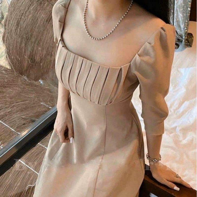 Đầm váy nữ nude xếp li ngực tay lửng TKN