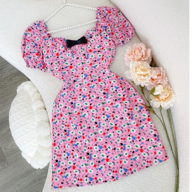ĐẦM HOA HỒNG XOÈ ĐÍNH NƠ ĐEN 1 MÀU