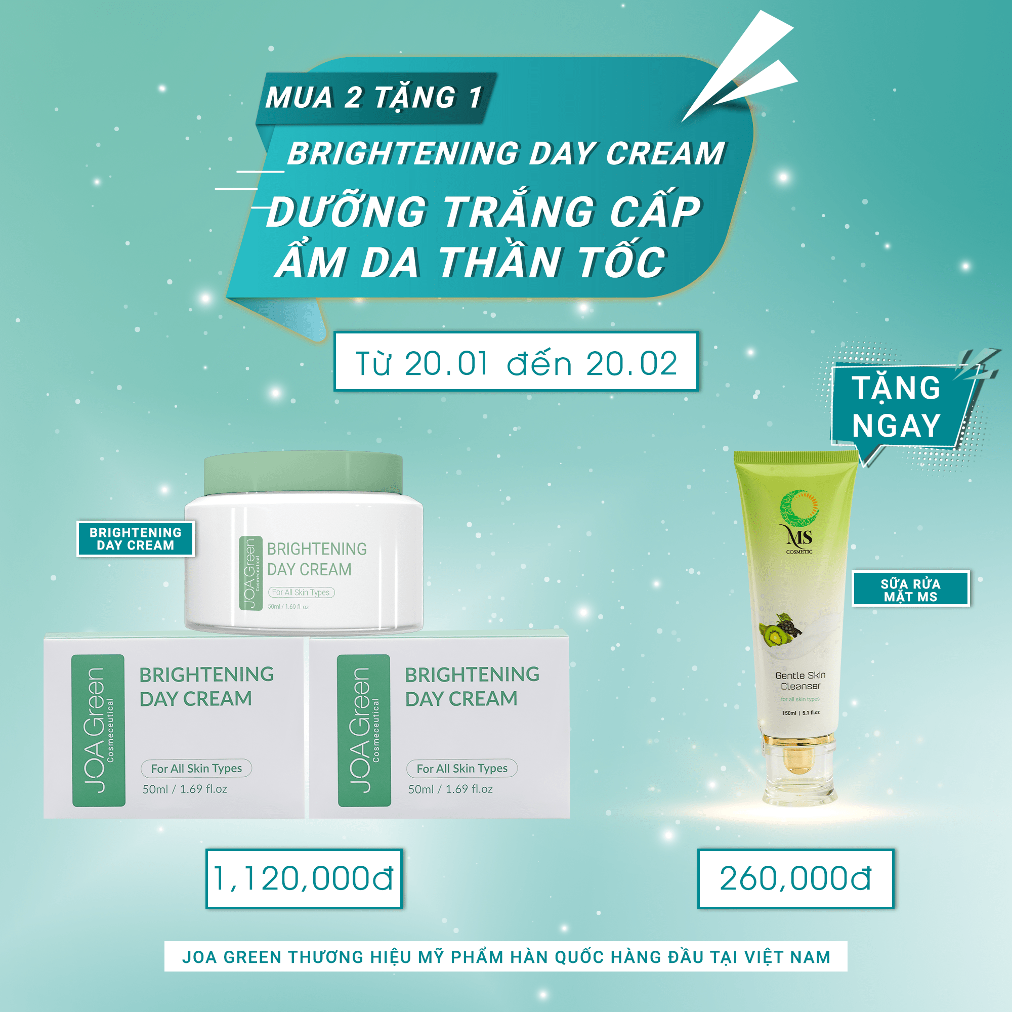 [MUA 2 TẶNG 1] Mua 2 Kem Dưỡng Da Mặt Brightening Day Cream 50ml - JOA GREEN Giúp Phục Hồi, Dưỡng Trắng Da Và Cải Thiện Nếp Nhăn (Tặng 1 Sữa Rửa Mặt MS 150ml) - Mỹ Phẩm MS COSMETIC