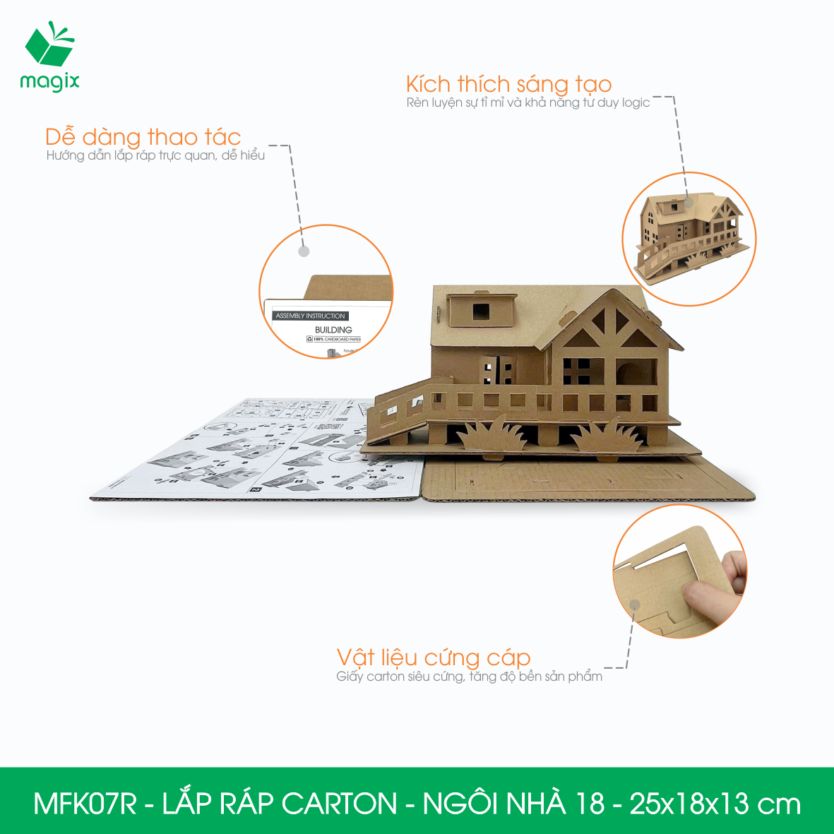 MFK07R - 25x18x13 cm - Mô hình ngôi nhà lắp ráp từ bìa carton cao cấp, nhà giấy carton mini sáng tạo