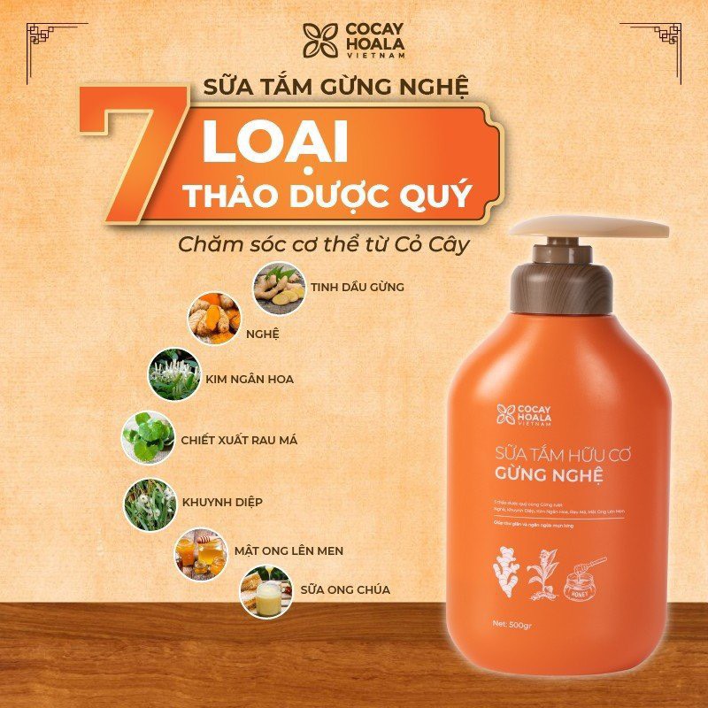 Combo 2 chai Sữa tắm thảo dược hữu cơ Gừng Nghệ Cỏ Cây Hoa Lá - Chiết Xuất Từ 7 Loại Thảo Dược Quý - Phòng Cảm, Tránh Gió, Dưỡng Da - Cho Con Cho Mẹ, Cho Đại Gia Đình, chai 500gr