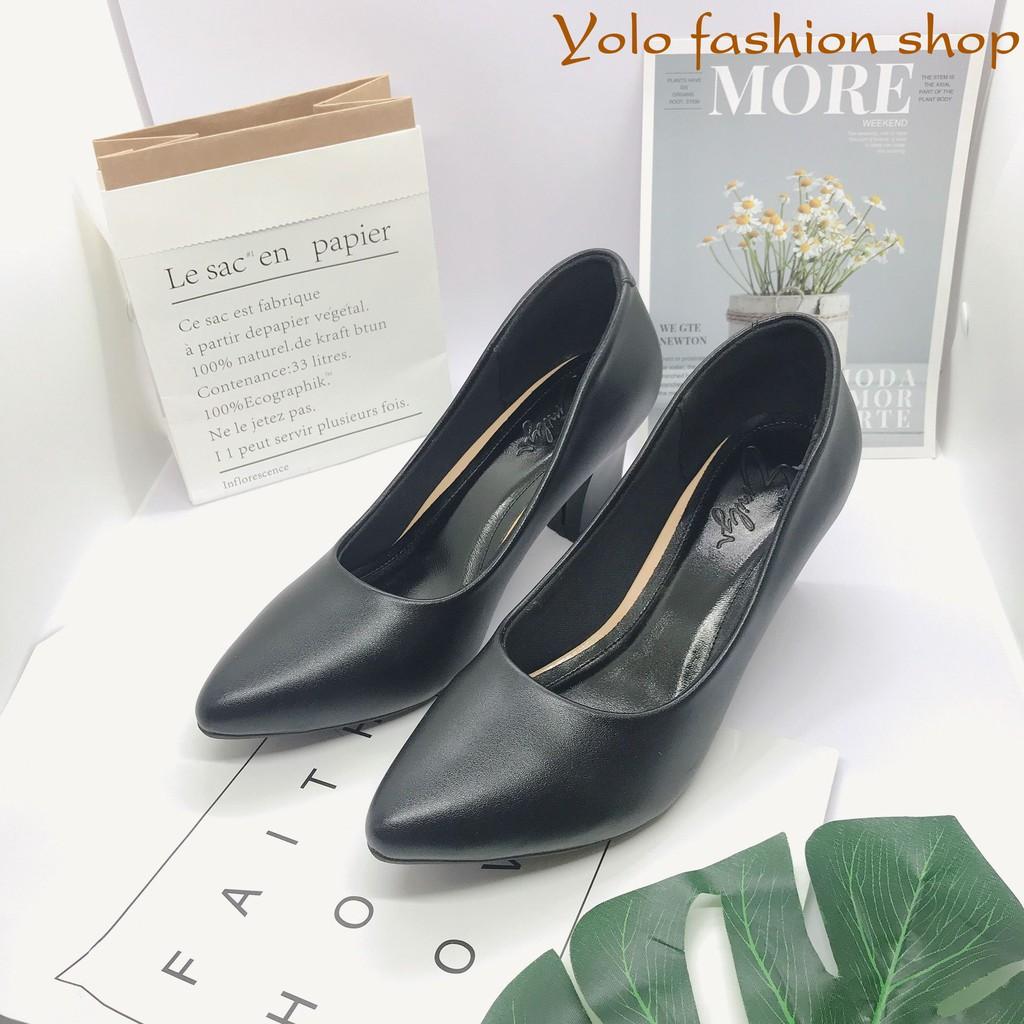 Giày cao gót nữ da lì đế vuông 7cm dáng basic hàng VNXK da mềm êm chân -HC02