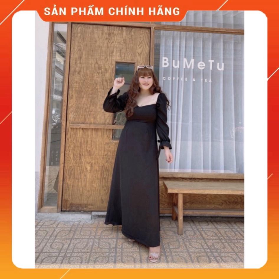BIGSIZE 50-90KG Đầm maxi đan dây lụa lạnh cổ vuông tay dài xoè dài đan dây lưng hở lưng ngoại cỡ đi biển dự t