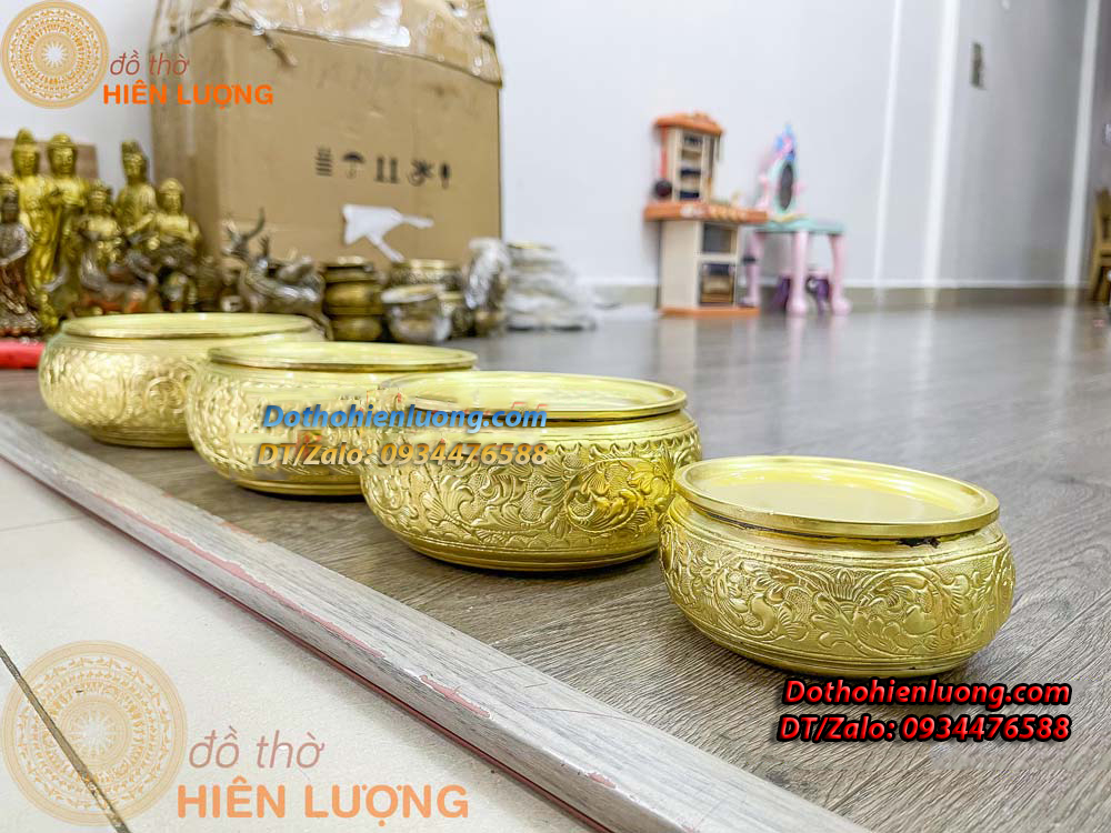 Cơi Đựng Trầu - Âu Trầu Hoa Văn Màu Vàng Bằng Đồng Nguyên Chất Các Cỡ - Đồ Thờ Hiên Lượng