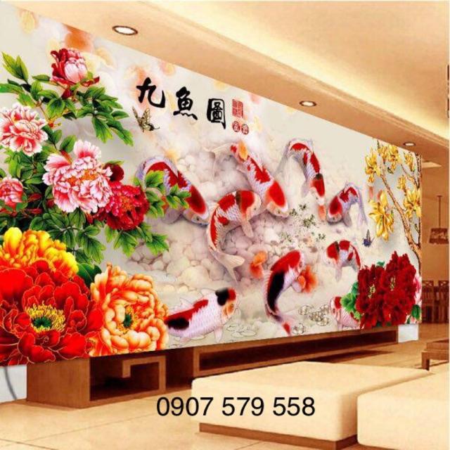 Tranh thêu Cửu ngư quần hội CHỈ LỤA THÊU KÍN