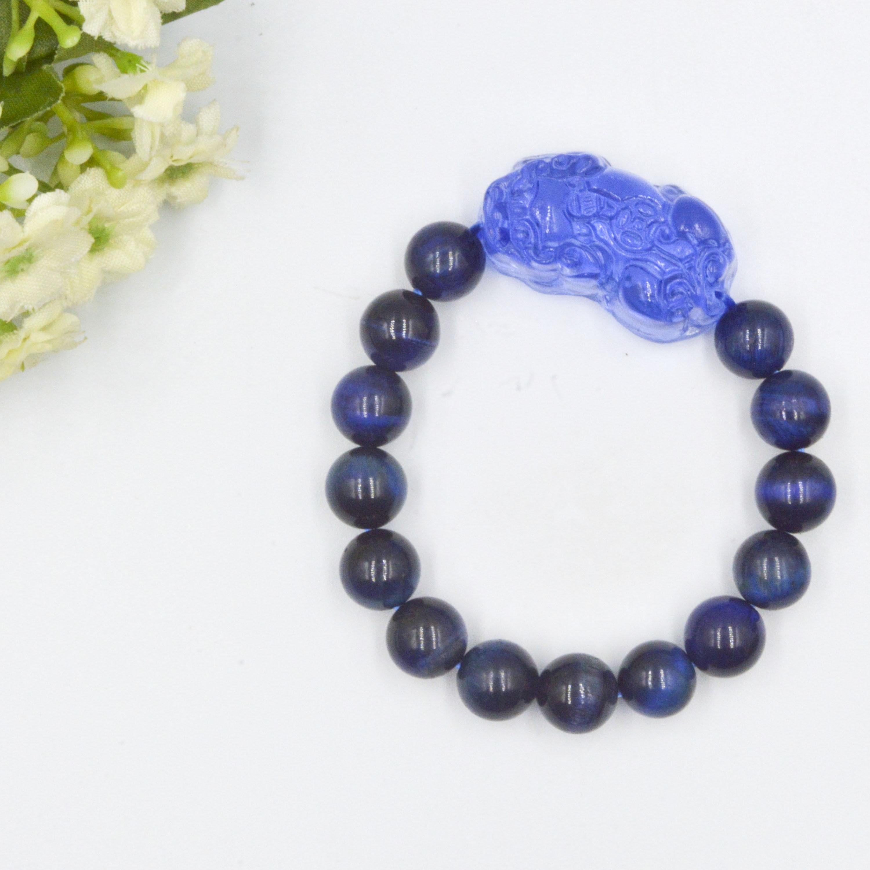 VÒNG TAY TỲ HƯU TOPAZ XANH DƯƠNG PHỐI MẮT HỔ XANH DƯƠNG 10 MM