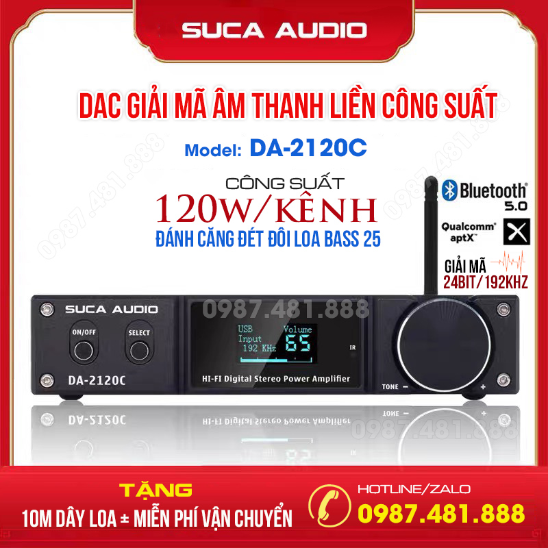 Suca Audio DA 2120C - Amply liền DAC giải mã âm thanh chất lượng cao - 2 kênh, Công suất 120w/kênh, bluetooth 5.0, cổng quang học, có khiển từ xa - Hàng chính hãng