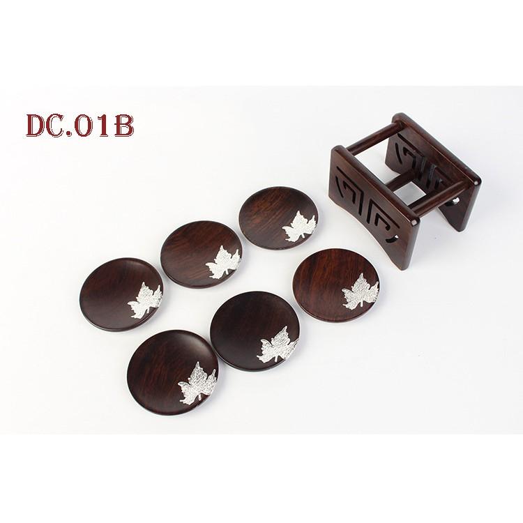 Bộ Đế Chén Gỗ Mun Hoa Khảm Bạc