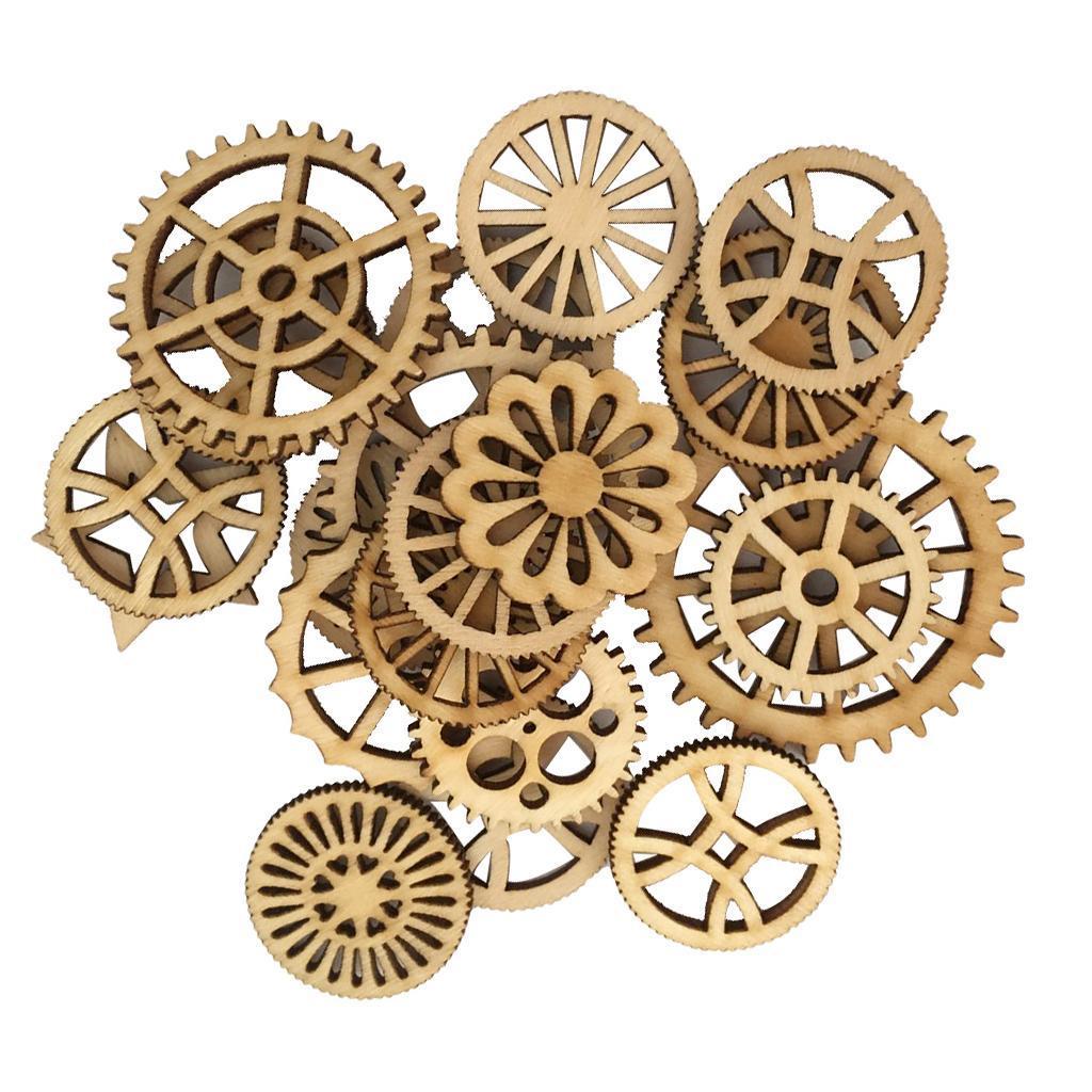 100pcs Mixed Unfinished Blank Wood Wooden Gear Embellishments for DIY Crafts