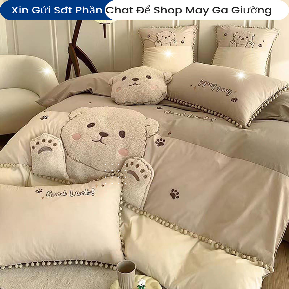 Bộ Chăn Ga Gối Đệm Linen 5 Món ANNA NGUYÊN Cao Cấp Chăn Chần Bông Lụa Mềm