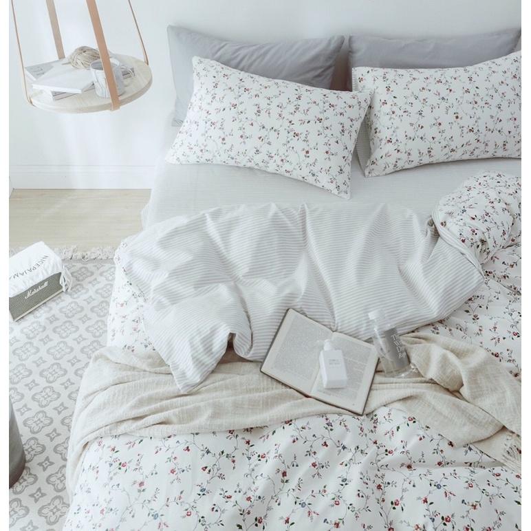 Set Cotton Living 100%cotton Hàng Nhập Khẩu Cao Cấp 4 Món Hoa Vintage Nhí Trắng