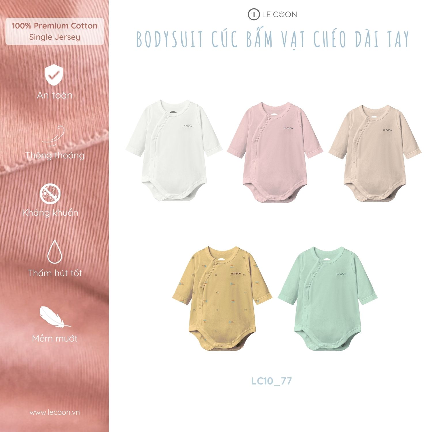 LE COON | Bộ Bodysuit cúc bấm vạt chéo dài tay | COOL | 0-12 tháng