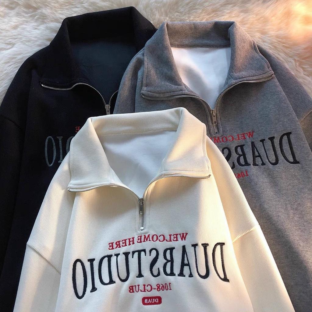 Áo sweater cổ bẻ khoá zip chất liệu bo tăm hoạ tiết thêu form rộng oversize nam nữ unisex