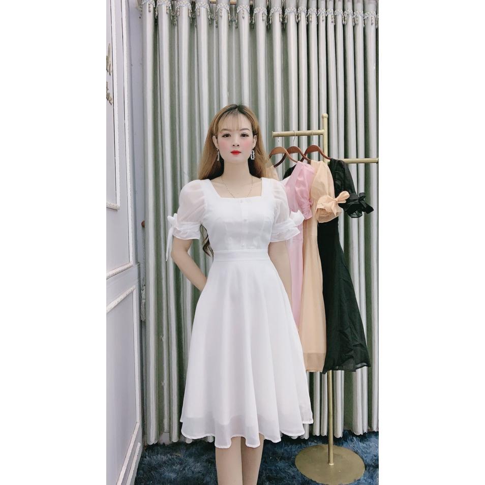 Đầm xòe trắng tay phồng dễ thương