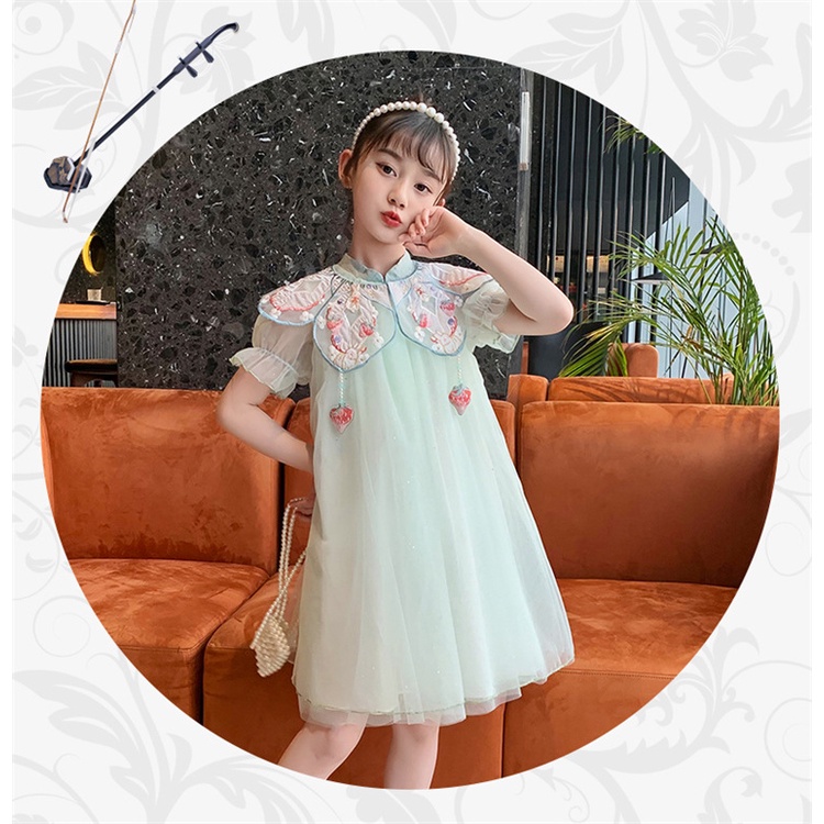 Đầm công chúa sườn xám cổ trang thêu hoa cho bé gái diện tết trung thu đẹp size 15-40kg hàng Quảng Châu