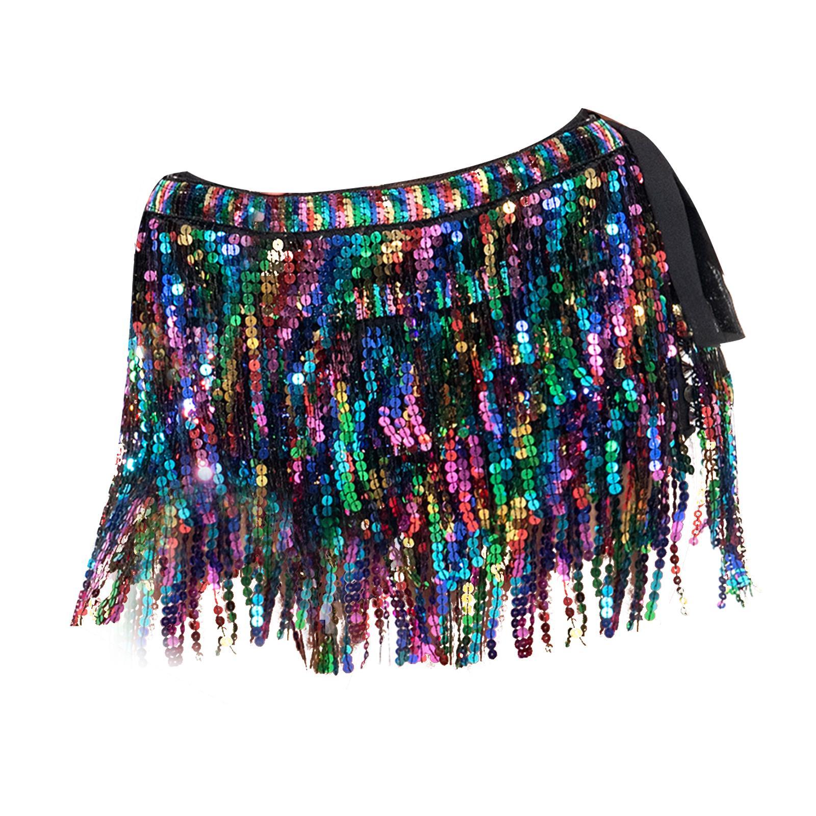 Women Belly Dance Hip Skirt Tassel Scarf Belt Latin Samba Sequin Wrap Dress