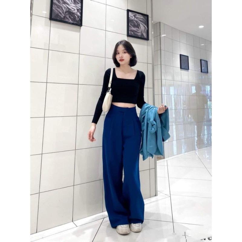 Quần Ống Rộng Màu Xanh siêu độc lạ xếp ly eo dấu cúc from dài 100cm cho nữ