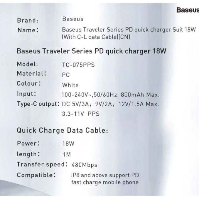 Bộ cốc sạc và cáp sạc Type-C to LN Baseus Traveler PD 18W TC-075PPS dành cho IP/IPAD (Trắng) - Hàng Chính Hãng