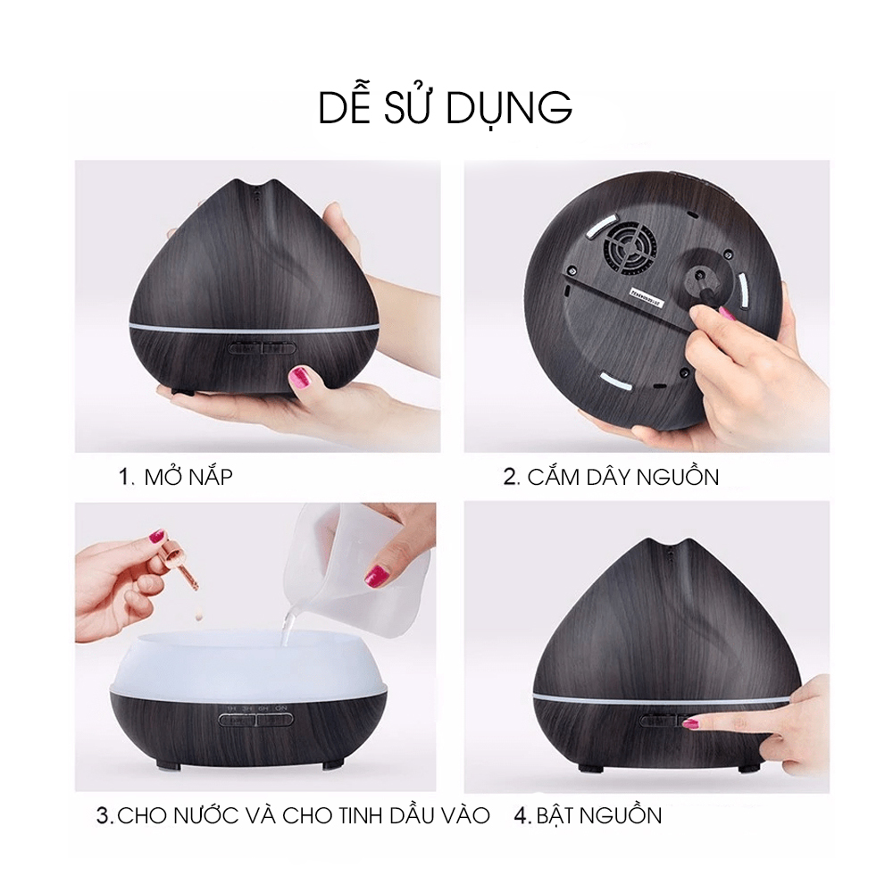 Máy xông tinh dầu Vdecor hình búp sen vân gỗ sang trọng dung tích 550ml