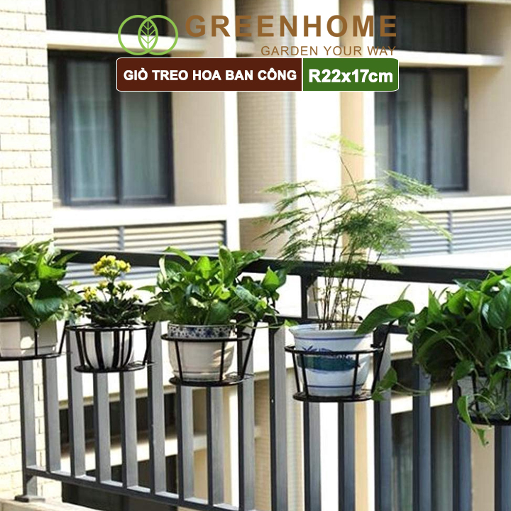 Giỏ treo hoa ban công, D22xC18cm, chất liệu sắt sơn tĩnh điện, phù hợp với mọi lan can |Greenhome