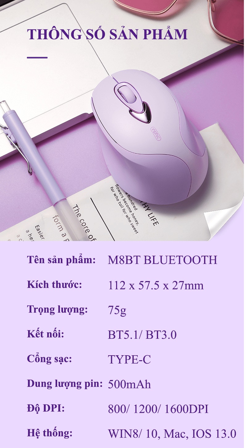 Chuột không dây INPHIC M8BT kết nối bằng Bluetooth thiết kế nhỏ gọn với màu tím Lavender cực đẹp dành cho các bạn nữ - HN - HÀNG CHÍNH HÃNG