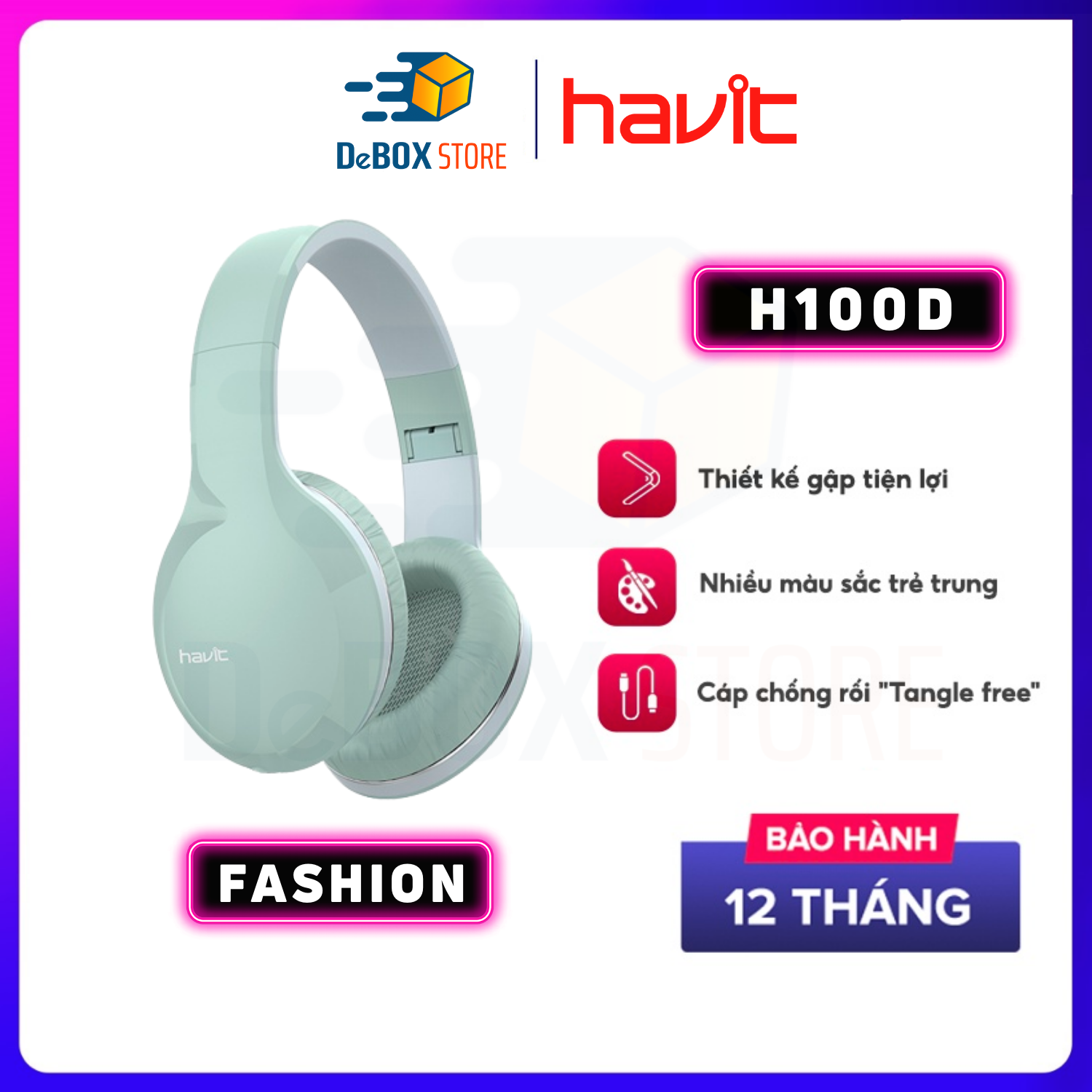 Tai Nghe Chụp Tai Có Dây HAVIT H100D, Driver 40mm, Chống rối Tangle free, Thiết Kế Gọn Nhẹ, Nhiều Màu Sắc - Hàng Chính Hãng