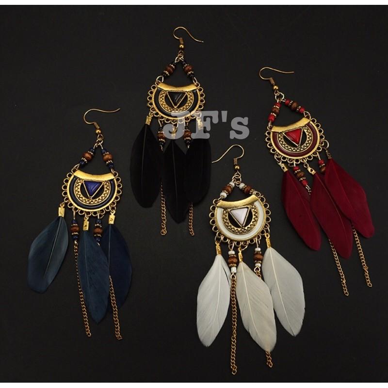 19H05 Hoa tai thả lông vũ, hoa tai cho nữ phong cách thời trang bohemian JF's