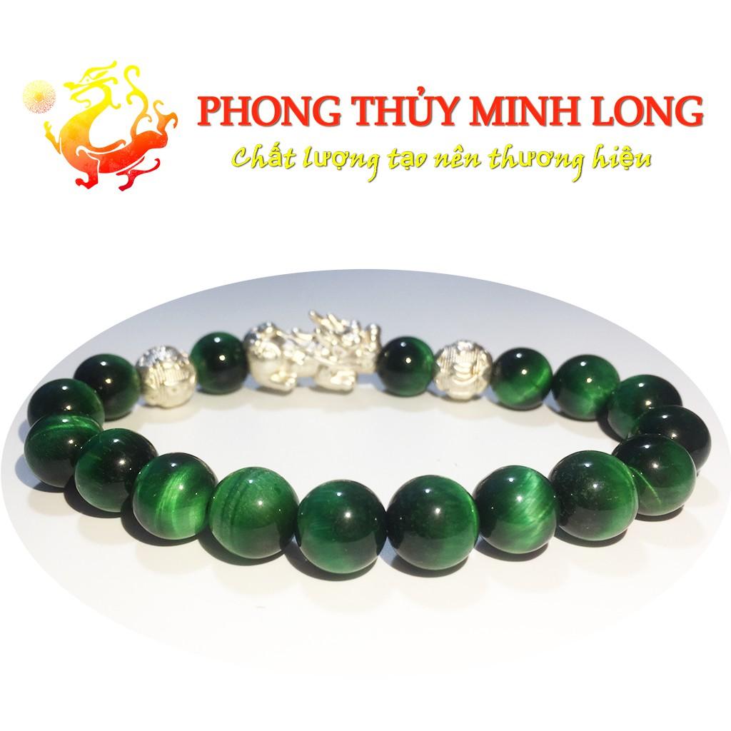 Vòng tay đá mắt hổ Xanh Lá 5A mix Tỳ Hưu và 2 hạt kim tiền Bạc hợp mệnh Mộc và Hỏa