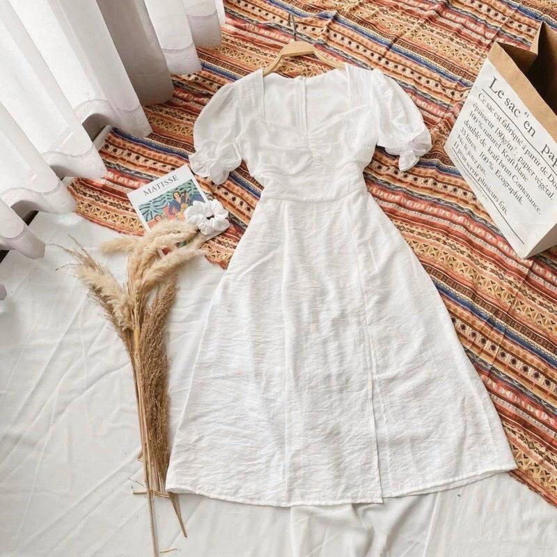 Đầm maxi cổ tim xẻ tà tay ngắn ,tay phồng có mút ngực chất liệu đũi nhăn 1 màu như hình