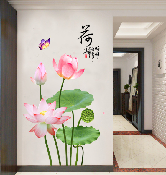 Decal trang trí tường - Hoa Sen cây dài 3D lá lớn tao nhã