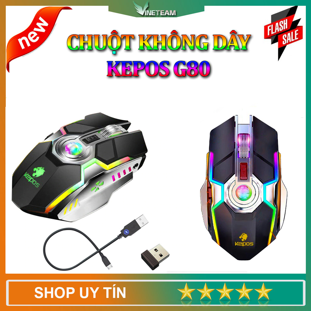 VINETTEAM Chuột Quang Không Dây Gaming Kepos G80 Led RGB 7 Màu Pin Sạc Dùng Siêu Trâu Chỉnh Được DPI - Hàng Chính Hãng