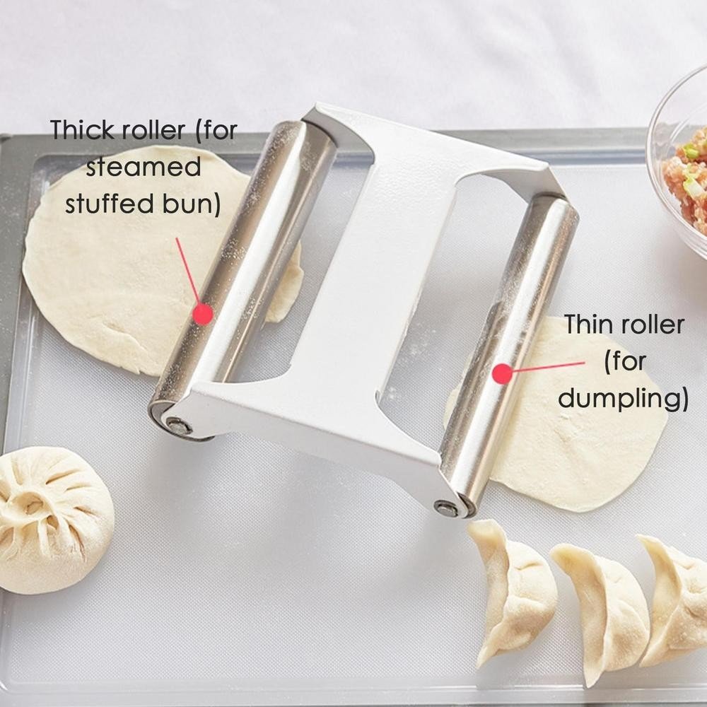 Cây Lăn Bột Hai Trục Inox 304 Cán Trợ Lực Dùng Cho Bánh Tiêu, Bánh Bao, Há Cảo, Pizza... 304 Stainless Steel Roller Rolling Pin