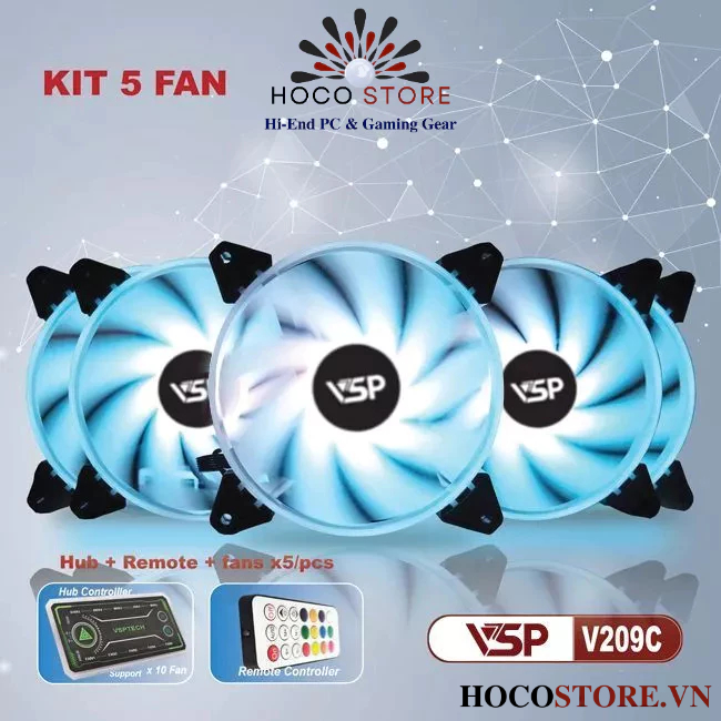 Bộ Kit 5 Fan V209C LED RGB (1 hup/ 1 remote/ 5c Fan) - HÀng Chính Hãng