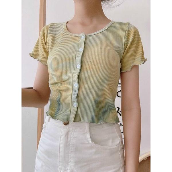 Áo croptop thun gân loang màu cổ tròn chất dày mịn tôn dáng