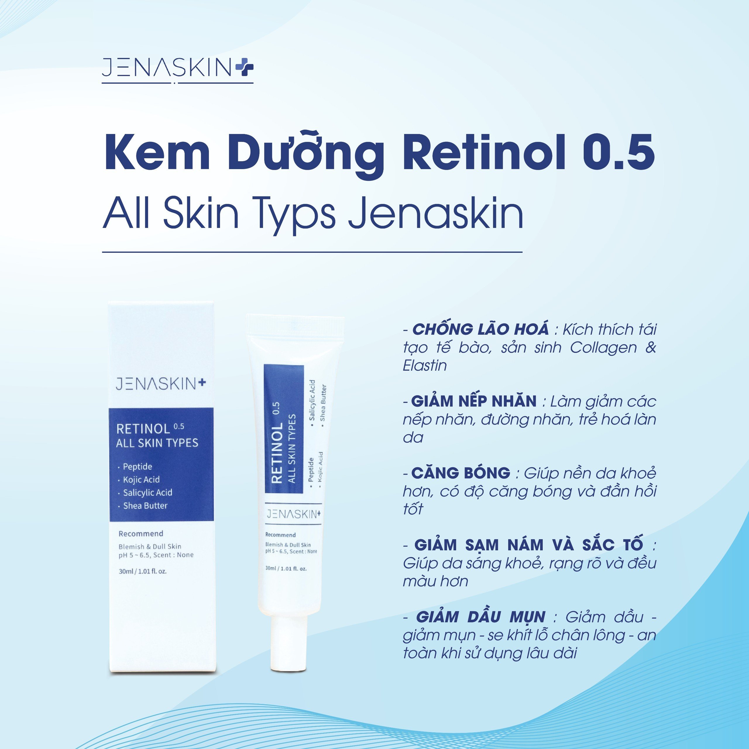 Kem retinol Jenaskin, kem dưỡng căng bóng, trẻ hóa, trắng da mờ thâm nám retinol 0.5% All Skin Types 30ml