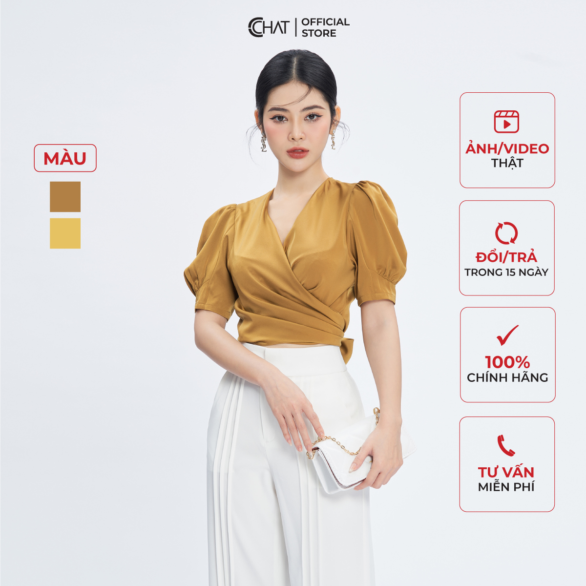 Áo Sơ Mi Nữ  Cổ V Ly Tay Cộc Chất Liệu Lụa Cao Cấp 13ANL2006GT