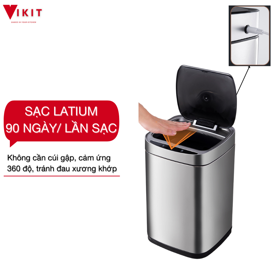 Thùng rác cảm ứng thông minh loại inox cao cấp Vikit RCU01 - Trắng