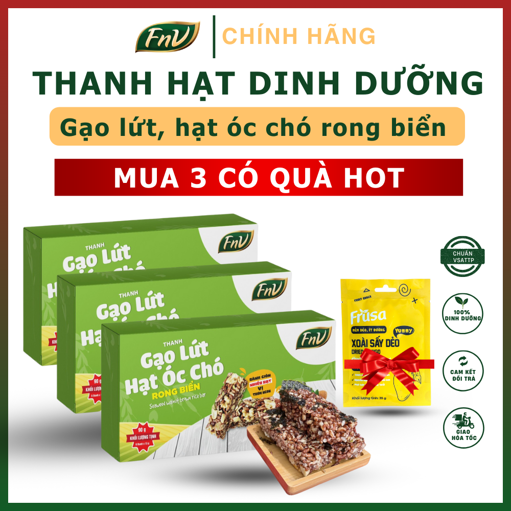 Thanh gạo lứt hạt óc chó rong biển FnV, mua 3 hộp 90g + Tặng 1 xoài sấy dẻo Frusa 35g