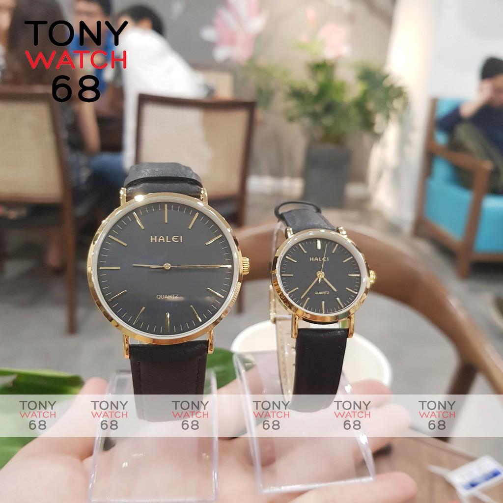 Đồng hồ nam Halei dây da nâu mặt số vạch chính hãng Tony Watch 68