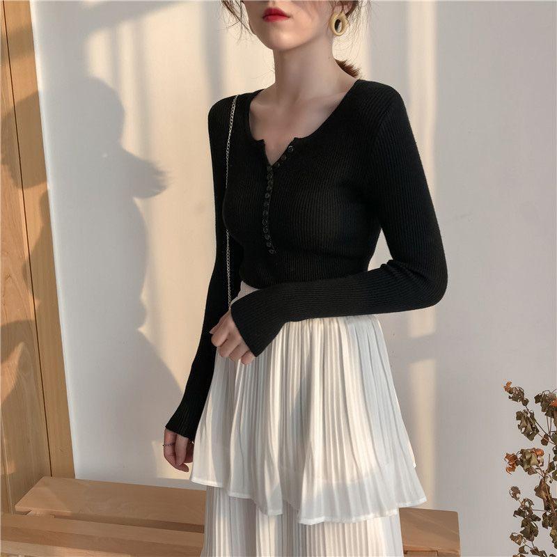 Áo tay dài cổ chữ V phong cách retro cho nữ