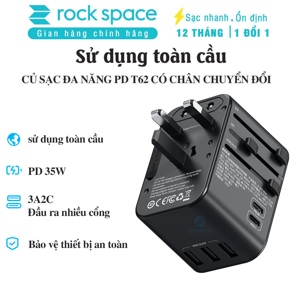 Củ sạc đa chức năng Rockspace T62 đủ chân cắm sạc nhanh chuẩn PD, QC - hàng chính hãng bảo hành 12 tháng