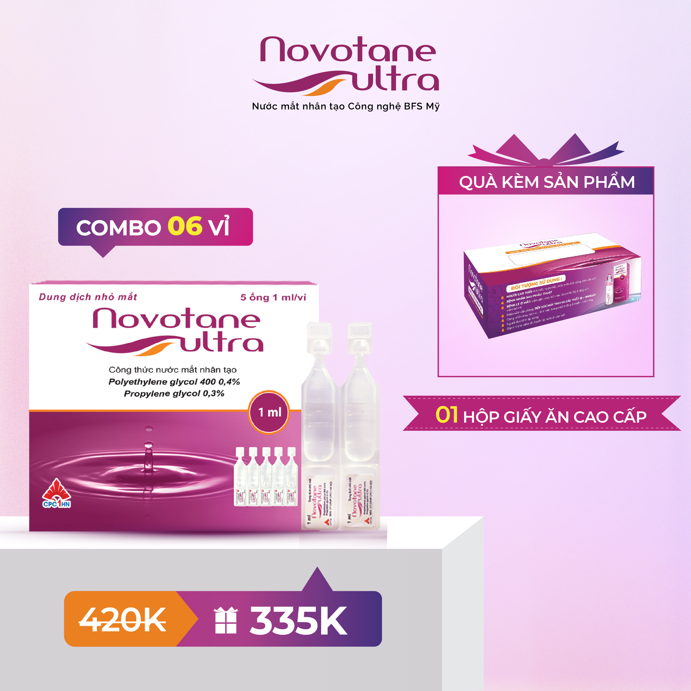 Combo 6 vỉ Nước mắt nhân tạo Novotane Ultra 1ml giúp bảo vệ mắt, dưỡng ẩm, giảm khô, giảm mỏi mắt