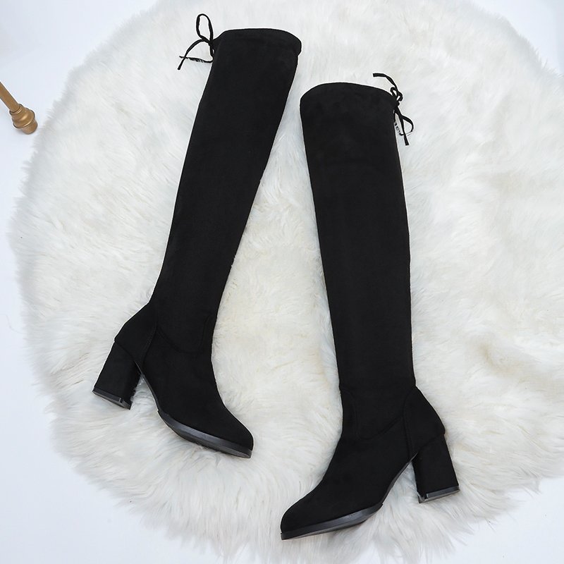 Giày boots nữ ống cao, Giày bốt đế vuông 7 phân trên gối rút dây S048