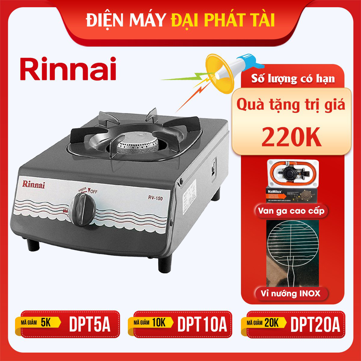Bếp Ga Đơn Rinnai RV-150 + Tặng kèm 1 bộ dây và van gas- Hãng chính hãng