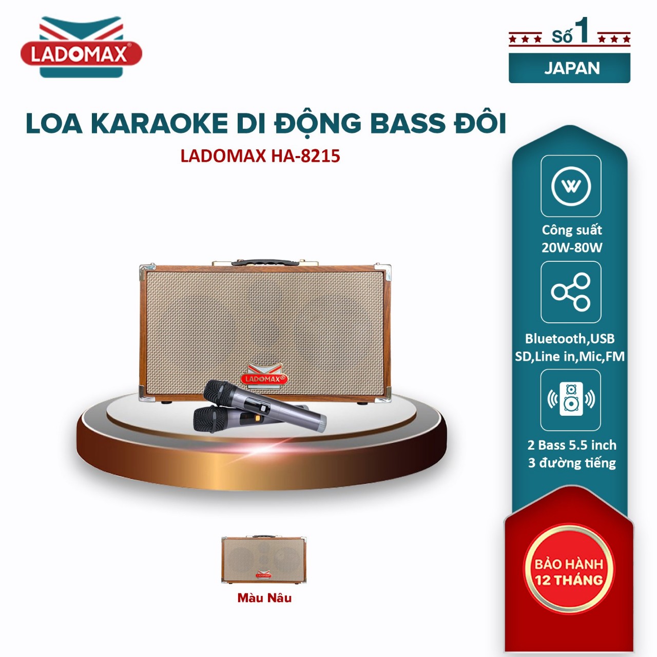 Loa karaoke xách tay 3 đường tiếng Ladomax HA-8215 có chức năng lọc nhiễu và chống hú, pin sử dụng 4 - 6 giờ - Hàng chính hãng