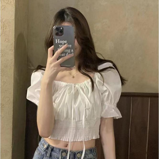 Áo kiểu nữ croptop bánh bèo trễ vai buộc nơ trước thời trang NIEVE
